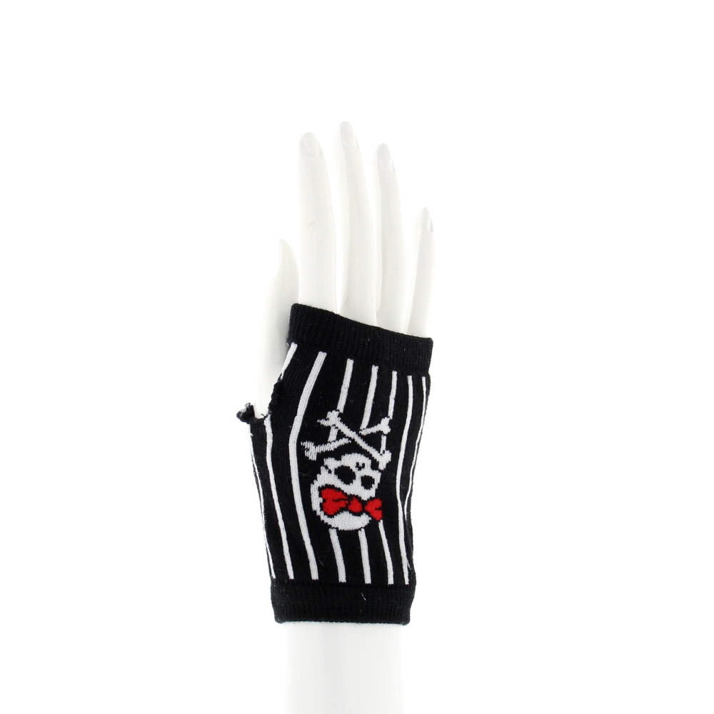Zac's Alter Ego - Striped with Skull & Crossbones with Red Bow Gants sans doigts - Noir/Rouge